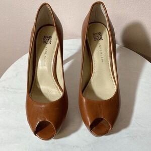 ANNE KLEIN Brown Leather Peep Toe Platform Pumps